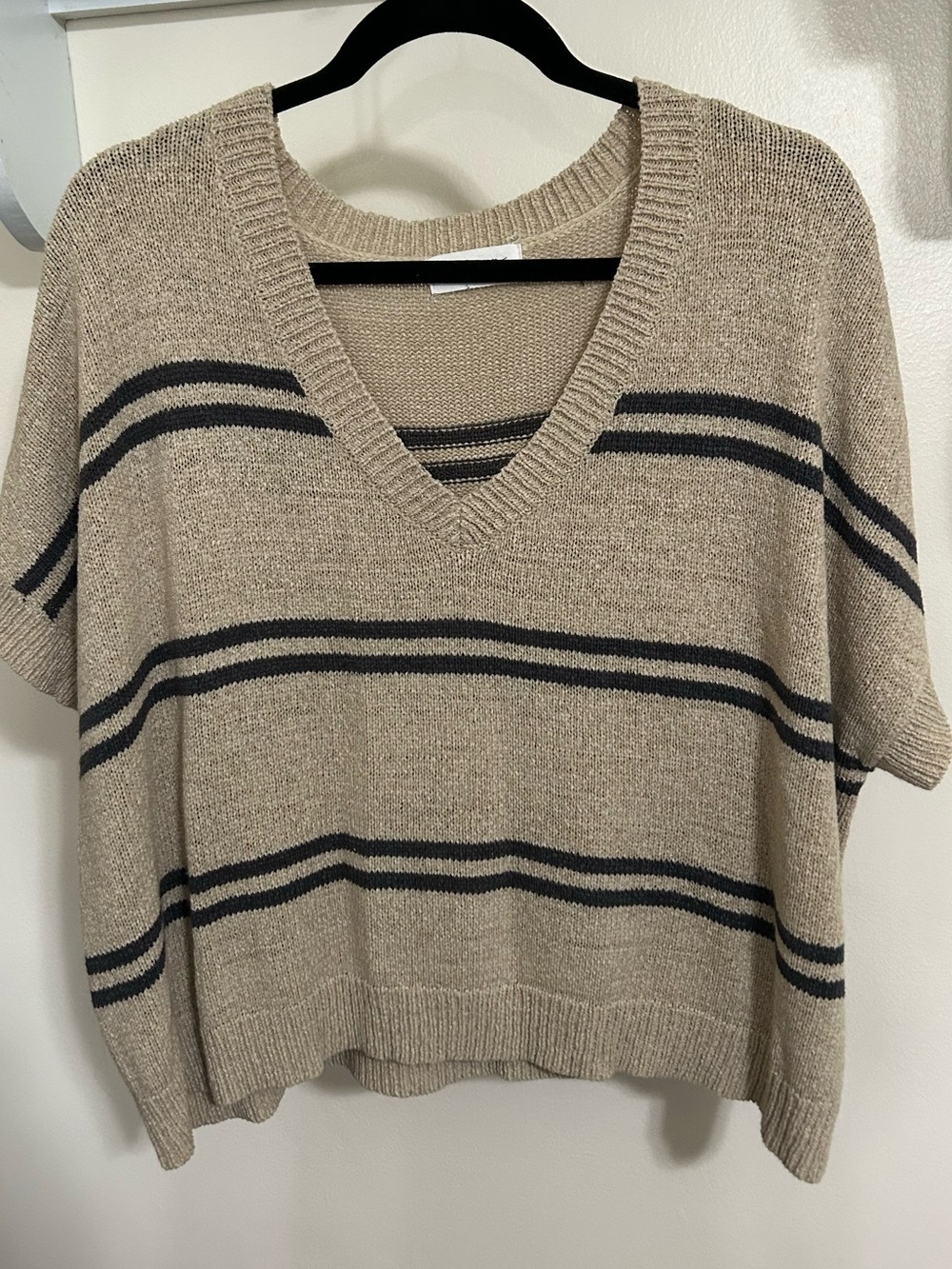 Carly Jean Los Angeles Beige V-Neck Striped Sweater Top